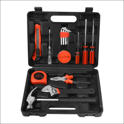 16-piece household handy solutions tool kit in black storage case with various tools.
