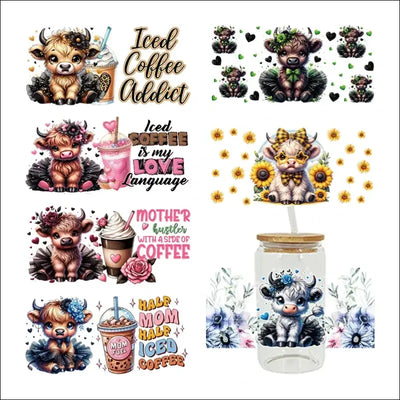 3D UV DTF Transfers Stickers 16oz Cup Wraps Cartoon Animal Yak Coffee - Other