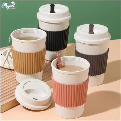 450ML Coffee Cups With Lids Wheat Straw Reusable Portable Cup - Other