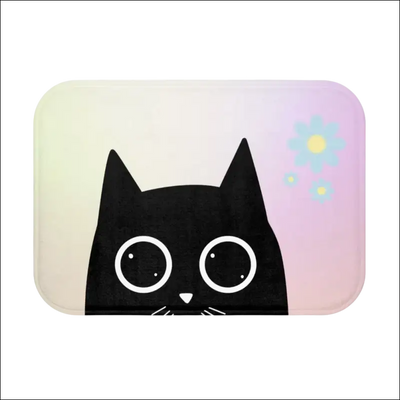 Cute black cat with big eyes on pastel gradient anime-style bath mat with flowers, 24 by 17 inches, anti-slip microfiber bath mat