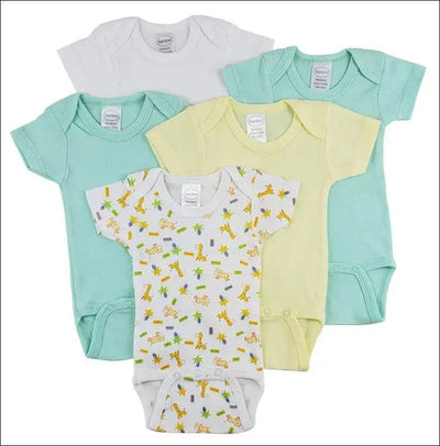 Bambini Short Sleeve One Piece 5 Pack in assorted colors and patterns made from 100% cotton rib knit fabric.