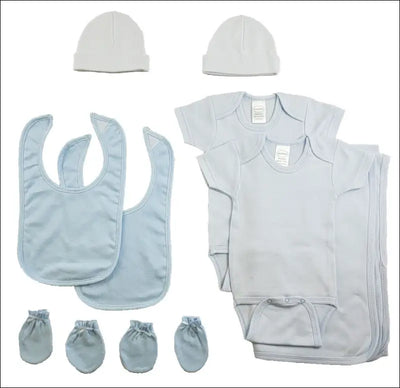 Boys 9 piece blue layette set with cotton baby clothes, hats, bibs, mittens, and blanket.