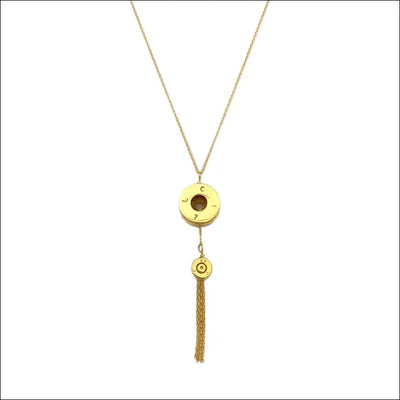 Gold plated Bullet Tassel Necklace featuring recycled brass bullet casing and tassel pendant