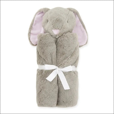 Gray bunny animal blanket with a soft toy, featuring pink ears, tied with a white ribbon.