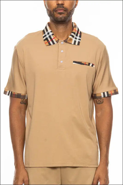 Checkered Detail Polo with plaid collar and sleeve hem, solid body.