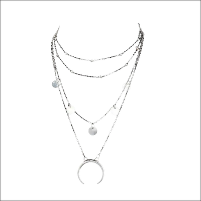 Silver Crescent Horn Moon Layered Necklace with four adjustable zinc alloy chains and moon-shaped charms