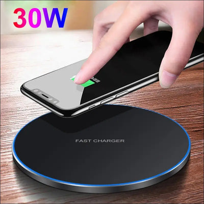 Dragon W9 30W Wireless Charging Pad with ultra-thin 6.5mm design, USB Type-C connection, compatible with iPhone 15 series.