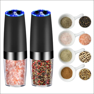 Electric gravity sensor pepper grinder with LED light, black and clear design, suitable for various spices.