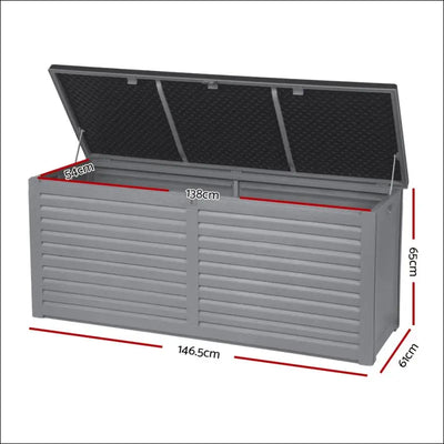 Gardeon Outdoor Storage Box 490L, lockable, weatherproof, dark grey, doubles as bench.