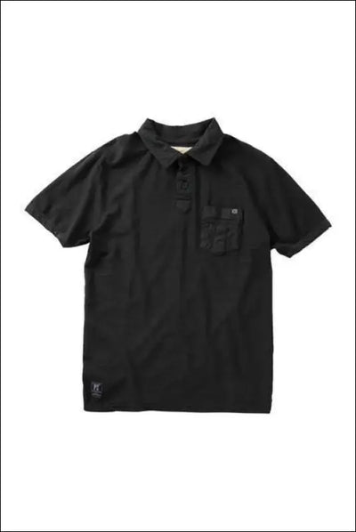 Black pique polo shirt with three-button collar and chest pocket