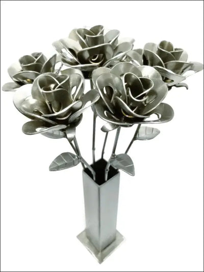 Half Dozen Metal Roses and Vase Six Recycled Vase, - Stationery & Crafts