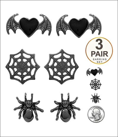 HALLOWEEN THEME 3 PAIR EARRING SET - SPIDER BAT - Jewelry & Watches