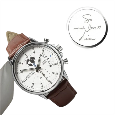 Personalized groom watch with genuine leather band and engraved handwriting gift on the back.