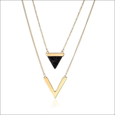 Marble Chevron Double Layer Necklace with black marble triangle and golden chevron pendant on gold chains