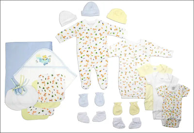 Newborn baby boys 21-piece layette set with soft cotton onesies, hats, mittens, and blankets.