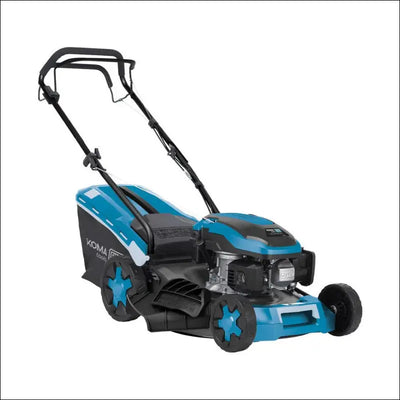 Petrol Lawn Mower Koma Tools, blue and black, 46 cm cut size, 60 L capacity.