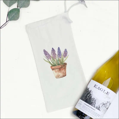 Potted Hyacinths canvas wine bag with drawstring closure.