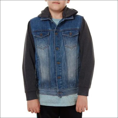 Boy wearing stone washed Quinn Denim Jacket with denim body and dark fleece sleeves