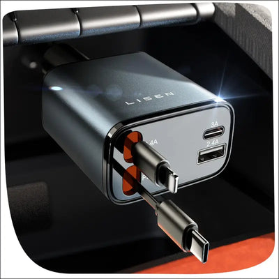 Retractable car charger with dual USB ports and retractable cable for efficient multi-device charging.