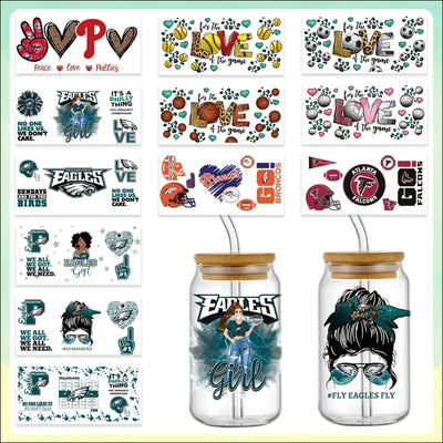Sports-themed UV DTF transfer stickers for 16oz Libbey glasses, featuring various designs for DIY cup wraps.