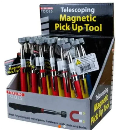 Telescopic magnet pick-up tools with random color handles in a display box by Sterling Tools.