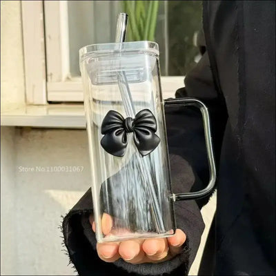 Transparent Glass Straw Cup with Handle Simple Square Water Bow - Other