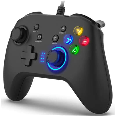 Black and blue wired gaming controller joystick gamepad with dual-vibration and ergonomic design for immersive gameplay.